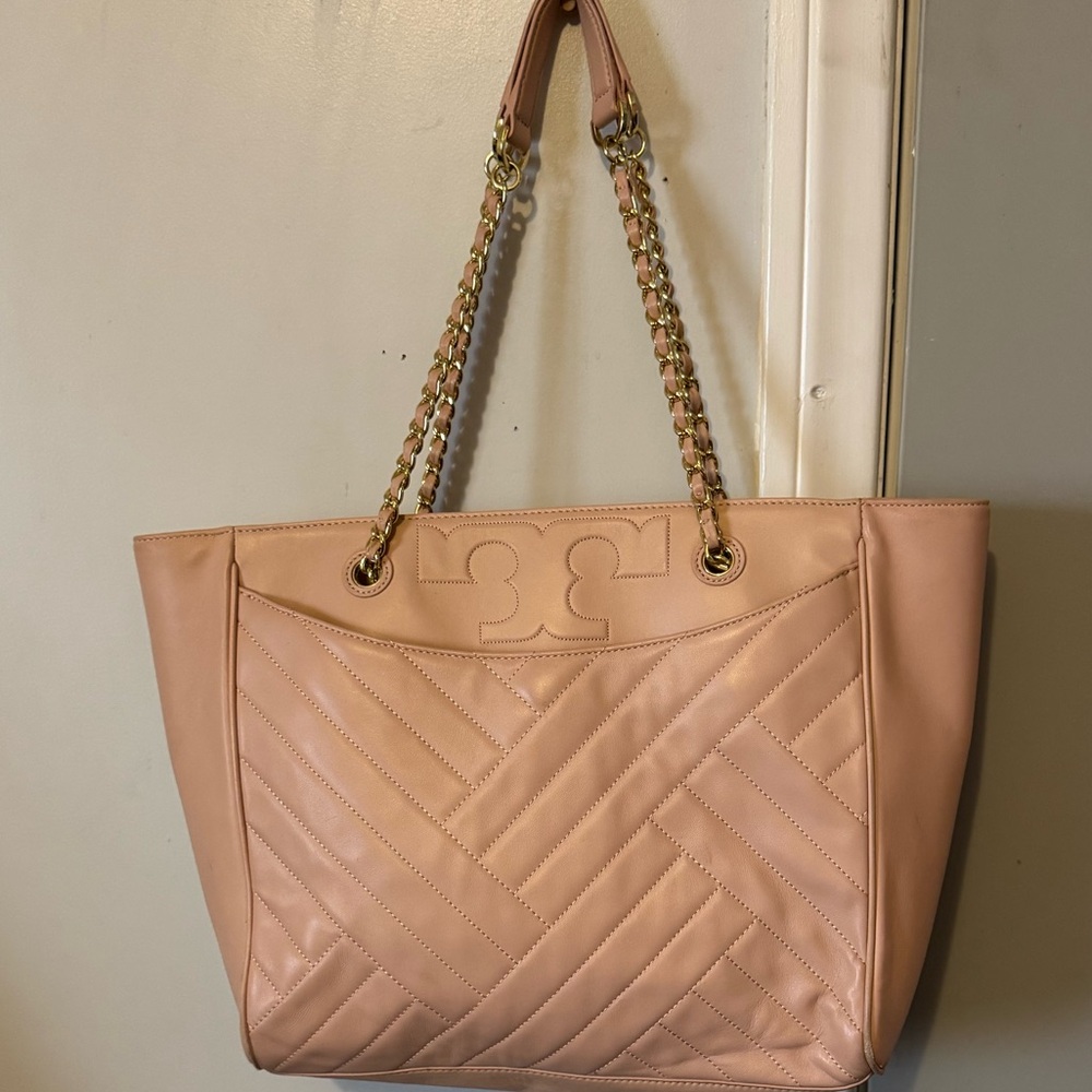 Tory Burch Blush Quilted Tote with Gold Accents
